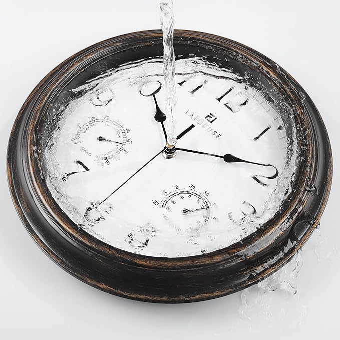 Lafocuse 12 Inch Brown Outdoor Clocks Waterproof for Patio Pool Bathroom | With Thermometer Combo and Hygrometer, Vintage Rustic Weather Outside Clock for Garden Garage Porch Kitchen, Silent, Accurate