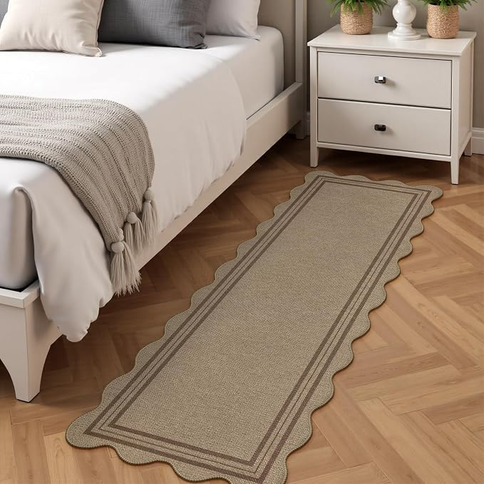 Scalloped Easy Jute 2x6 Kitchen Runner Rug, Washable Rugs for Entryway Non Slip Outdoor Indoor Long Rug, Farmhouse Morden Carpet for Hallway Bedroom