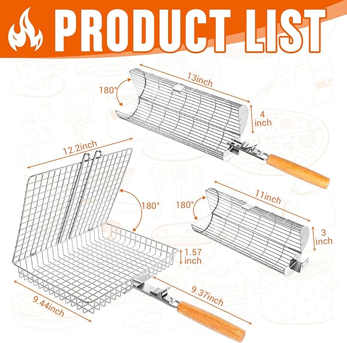 Havawish 3 Pcs BBQ Basket Grill Set 430 Stainless Steel Rectangular Grill Basket with Removable Wooden Handle 2 Rolling Cylinder Baskets for Vegetables Fish Meat Outdoor Grilling Gift for Dad Husband