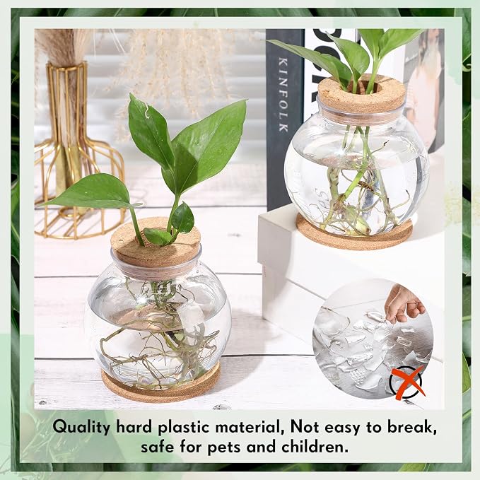 Baderke 9 Packs Propagation Vases for Plants Plastic Plant Propagation Station with Hole Lid and Cork Coasters Plant Growing in Water Hydroponic Home Office Table Decoration(Fish Bowl Style)