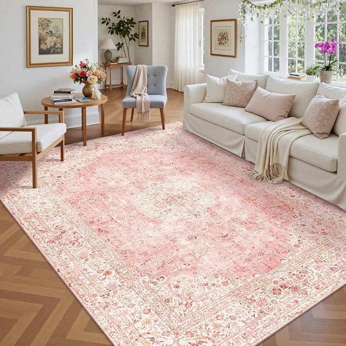 Latte&Fog Large Area Rugs 6x9, Vintage Washable Pink Rugs for Living Room | for Dining Kitchen Kids Nursery Playroom Guest Room Classroom Dorm Farmhouse Office, Non Slip Low Pile Soft Floral Carpets