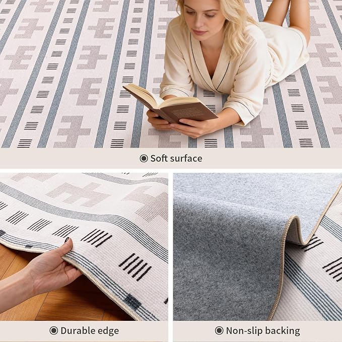 5x7 Washable Area Rug for Living Room, Boho Southwestern, Cream Beige | Tribal Geometric Pattern, Neutral Low Pile Non Slip Rug for Bedroom Dining Room Office, Soft Faux Wool