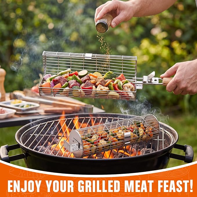 Havawish 3 Pcs BBQ Basket Grill Set 430 Stainless Steel Rectangular Grill Basket with Removable Wooden Handle 2 Rolling Cylinder Baskets for Vegetables Fish Meat Outdoor Grilling Gift for Dad Husband