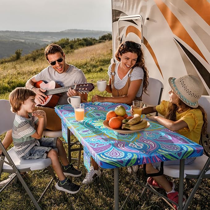 Jobunai Picnic Table Cover with Bench Covers Fitted Waterproof Camping Tablecloth with Elastic for 6 Foot Rectangle Tables Outdoor Travel Rv Essentials Summer Vacation Accessories Gifts for Men Women