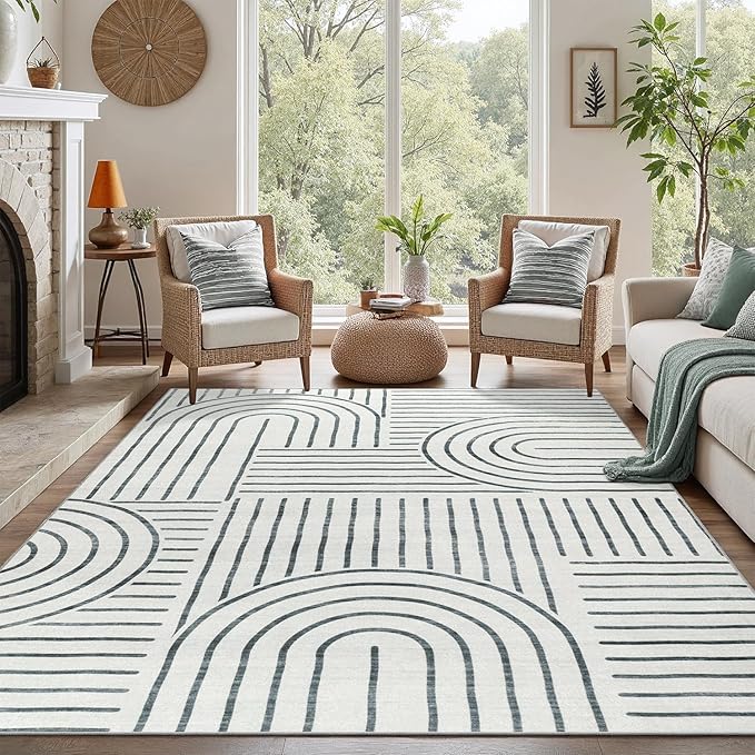 DCX Abstract Washable 6x9 Rug, Non Slip Low Pile Rug, Gray | Rugs for living room, bedroom, dining room, office, soft, mid century modern rug, sain resistant indoor carpet, home decor