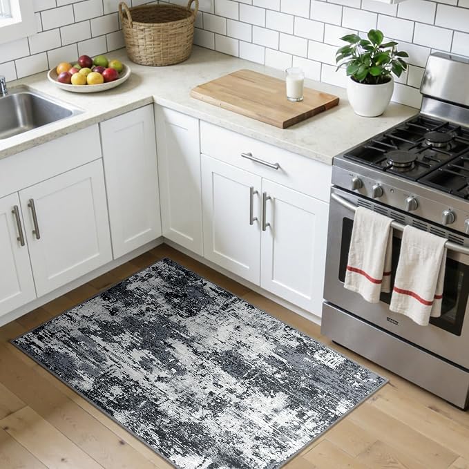 RELEANY Washable 3'x4' Abstract Area Rug for Living Room Black White | Carpet for Bedroom, Kitchen, Office, Hallway and Entryway, Printed Pattern, Non‑Slip, Soft, Stain‑Resistant, Easy to Clean