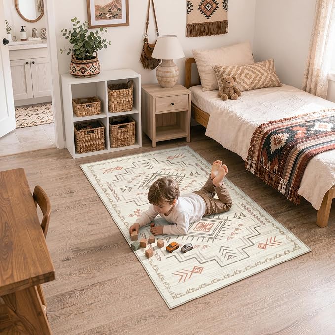 STARUIA 3x5 Washable Area Rug Western Clearance, Non-Slip Small Entryway Rug Beige Aztec Tribal Classic Boys Rug for Bedroom Low-Pile Carpet for Indoor Kitchen Bathroom(Beige 3'x5')