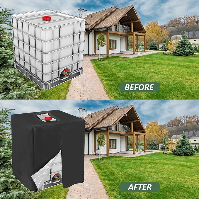 MECCANIXITY Zipper IBC Tote Cover 275 Gallon, 210D Oxford Waterproof Sunshade Rain Barrel Water Tank Protective Cover for 1000L Outdoor Garden, (39.37 x 47.24 x 45.66 Inch, Black)