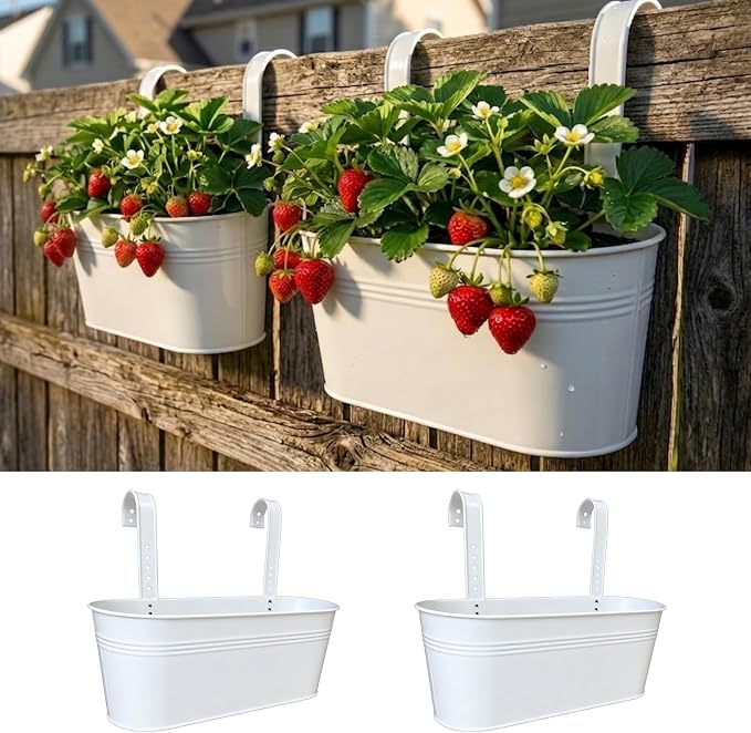 LaLaGreen Planter Boxes for Outdoor (2 Pack, 17 Inch) White Metal Deck Railing Hanging Flower Pots, Large Window Box Plant Holder Hooks Fence Rail Bucket Outside Boho Style Wall Mount Porch Herb Decor