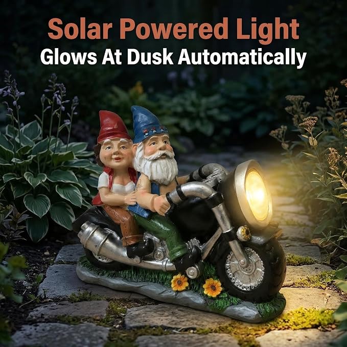 Motorcycle Gnome Couple Solar Light Outdoor Garden Statue Decor | 11 inch Resin Biker Pair Weatherproof LED Powered Yard Patio Lawn Porch Deck Funny Anniversary Birthday Gift Idea for Him