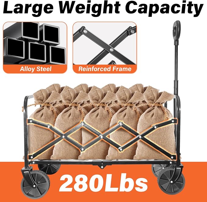 Wagons Carts Foldable - 280Lbs Collapsible Wagon Cart with Wheels Portable - Folding Wagon Lightweight for Camping, Sports, Travel, Picnic, Groceries, Shopping