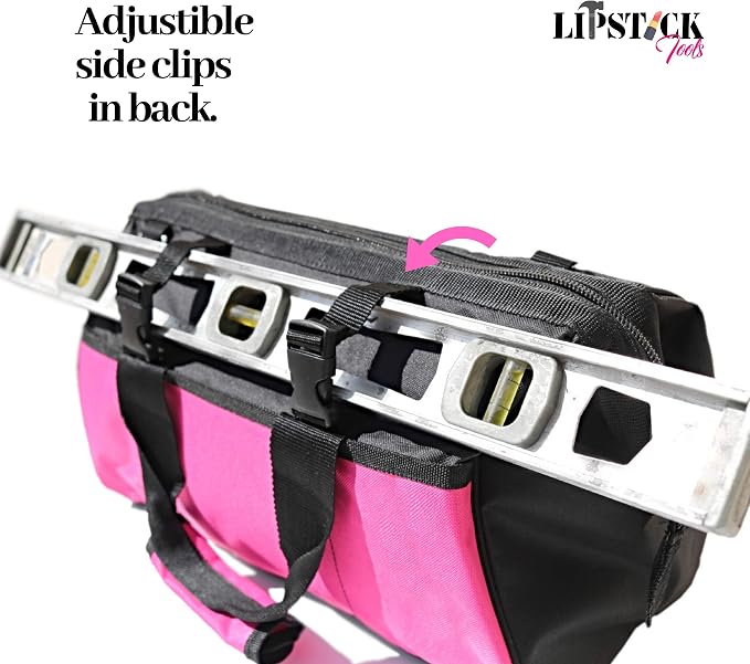 18-Inch Multi-Purpose Zip-Top Pink Storage Wide Mouth Tool Bag Organizer. Great for Home Improvement/Contractors Tools. Heavy Duty Storage Pockets and Shoulder Strap.