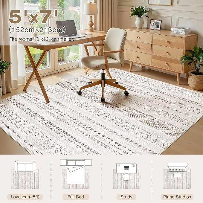 kakania Washable 5x7 Area Rug for Living Room: Boho Geometry Home Decor | Soft Stain Resistant, Low-Pile, Non-Slip, Pet & Kid Friendly, Thin Rug for Bedroom/Dining Room/Kids Dorm - Brown