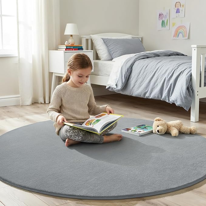 Amearea Grey Round Area Rugs 4ft Circle Rugs for Bedroom Living Room | Washable Fluffy Indoor Thickened Memory Foam Rug, Non Slip Minimalist Circular Carpet for Boys Girls Dorm Nursery Room Decor
