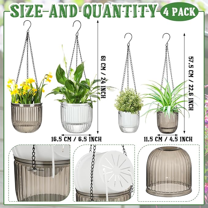 Maxcheck 4 Pcs Self Watering Hanging Planters Indoor Gift 6.5'' 4.5'' Hanging Flower Pots Baskets Outdoor Self Watering Plant with 3hooks Drainage Holes for Home