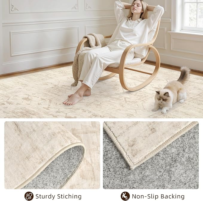 8x10 Area Rugs Living Room: Bedroom Washable Carpet Beige/Brown | Large Vintage Boho Indoor Decor Neutral Soft Nursery Farmhouse Dining Room Office Floor Non-Slip Low Pile Under Table Rug
