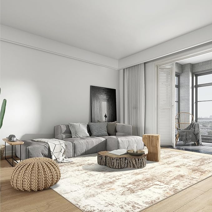 6x9 Area Rugs for Living Room: Washable Abstract Beige Grey Badroom Carpet | Non-slip TPE backing makes this washable soft low-pile rug safe & durable, Pet-friendly decor for dining room,nursery,office