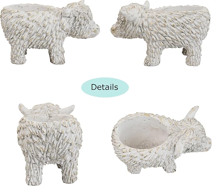 Rustic Highland Cow Planter - Vintage Distressed White Resin Planter Pot Indoor&Outdoor Flower Pots for Garden Home Decor, Succulent, Herbs