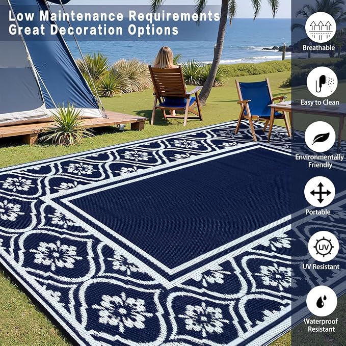 HUGEAR RV Outdoor Rug Waterproof Mat 9'x12' Camping Carpet Blue Outside Area Rugs Reversible Rugs for Deck Entryance Porch Picnic Balcony Beach