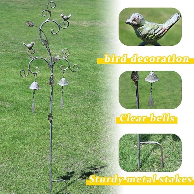 Decorative Garden Stakes for Outside,Metal Outdoor Garden Decor with Bells | 45.7"H Wind Chime Stakes for Outside,Bird Metal Garden Art for Garden,Flower Beds, Patio.