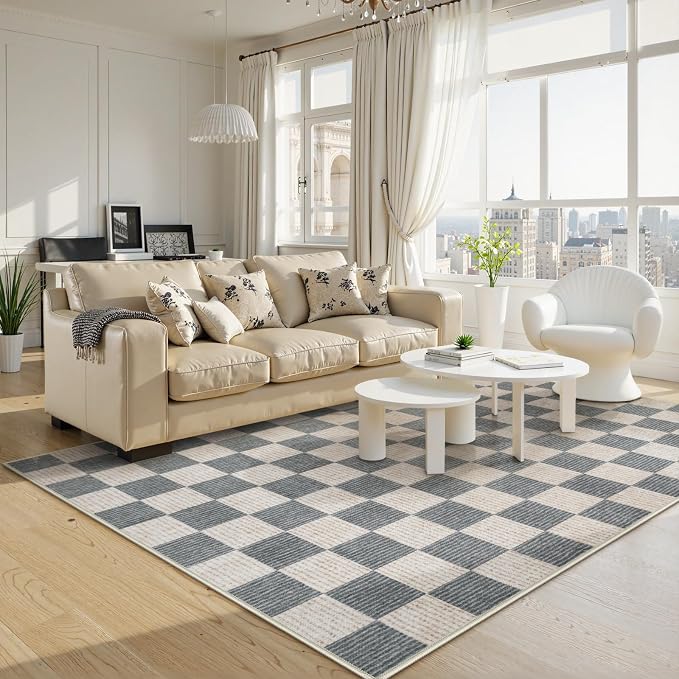 Machine Washable 5x7 Area Rugs for Living Room Checkered, Non Slip Soft Low Pile Geometric Modern Neutral Playroom Rugs for Bedroom Indoor, Large Carpet Rugs for Dining Room Kitchen(Grey, 5'x7')