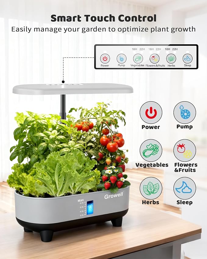 Growell 16 Pods Hydroponics Growing System Kit with 3 Light Modes & 2 Timer | Smart Water Circulation, LED Grow Light, 8L Large Water Tank, Coutertop, Indoor Herb Garden, Perfect Gardening Gifts, Gray