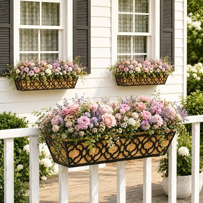 Y&M 6Pcs 24 Inch Railing Planter with Coconut Coir Liner, Window Deck with Horse Trough Coco Liner, Metal Hanging Flower Balcony Planter for Outdoor Garden Fence Lawn