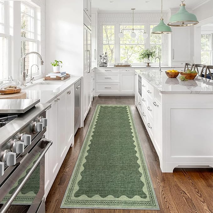2x6 Scalloped Runners Green Washable Hallways Bedroom Rug | Solid Non Slip Scalloped Bath Runner, Rugs for Bedroom Girls, Rugs for Kitchen Floor Soft Dorm Nursery Carpet for Bedside