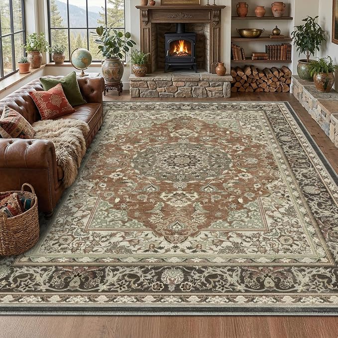 8x10 Area Rug Vintage Washable Rugs for Living Room Bedroom Nursery | Farmhouse Boho Floral Neutral Washable Stain Resistant Indoor Carpet for Bedroom Office and Home Decor (Brick&Brown)