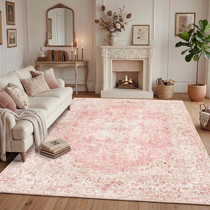 Latte&Fog 8x10 Area Rugs for Living Room Washable Large Pink Rugs Cute | Non Slip Low Pile Soft Floral Carpet for Girls Bedroom Dining Kitchen Kids Playroom Nursery Classroom Dorm Farmhouse Office