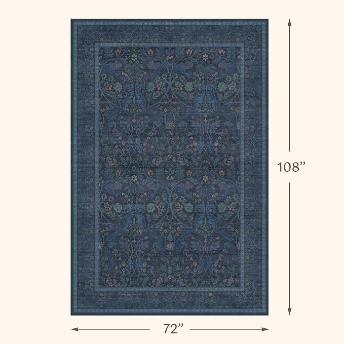 6x9 Rugs for Living Room Non Slip, Low Pile Soft Navy Blue Rugs for Bedroom, Floral Washable Dining Room Carpet, Dark Blue Victorian Mats