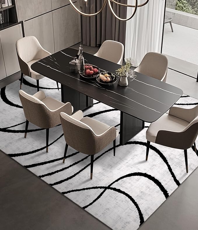 Modern Area Rugs for Bedroom,5x7 Washable Black and White Rug, Thin Abstract Geometric Minimalist Striped Rug, Black Rugs for Bedroom,Kitchen,Dining Room Office