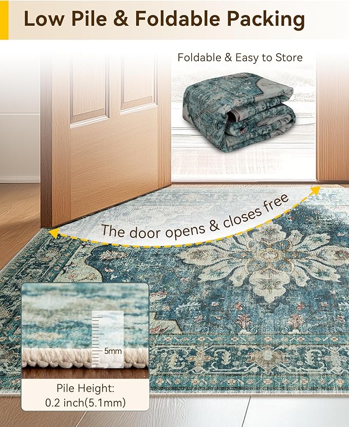 RELEANY Washable Area Rug, 3'x5', Blue/Vintage Dark Blue | Non-Slip, Water Repellent, Pet Friendly, Easy to Clean, Vintage Floral Boho Decor for Living Room Bedroom Beside Kitchen