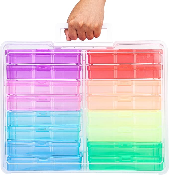 Plastic Clear Photo Storage Box Picture Storage Containers With Handle,16 inner 4×6 inch Photo Cases For Photos,Picture,Greeting Card,Stickers,Seed,Craft Supplies (Colorful)