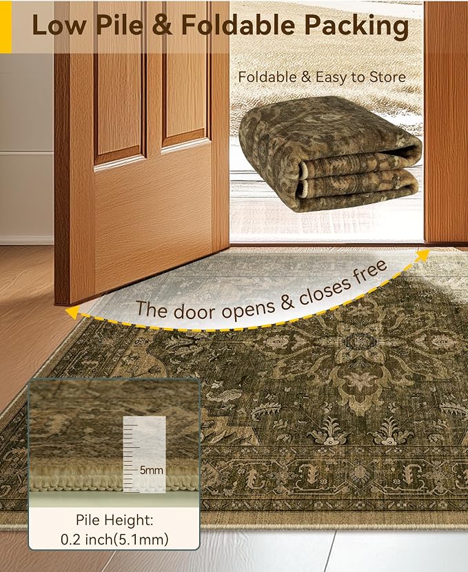 RELEANY Washable Area Rug, 4'x6', Brown/Dark Brown | Non-Slip, Water Repellent, Pet Friendly, Easy to Clean, Vintage Floral Boho Decor for Living Room Bedroom Kitchen Office