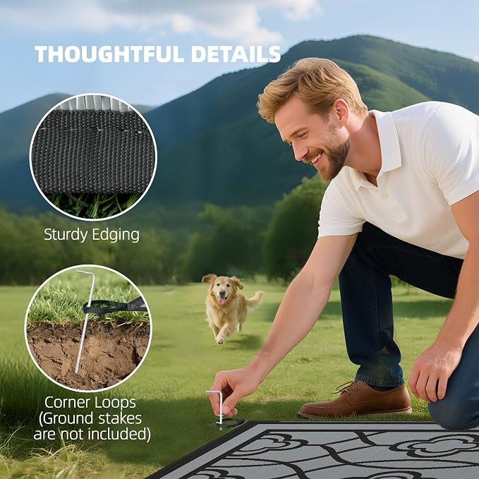 Outsunny Outdoor Rug for Patio, 9' x 18' Waterproof Large Mat, Reversible Plastic Straw Rug for Decor, Portable Outside RV Camping Area Carpet Mat for Backyard Porch Deck Picnic, Black & Gray Lantern