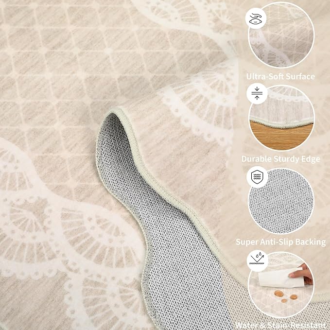 Garvee Washable Scalloped 9x12 Area Rug for Living Room, Lace Beige Rug | Soft Non Slip Rugs for Bedroom, Low Pile Neutral Rug, Stain Resistant Foldable Carpet for Playroom Dorm, Farmhouse Rugs