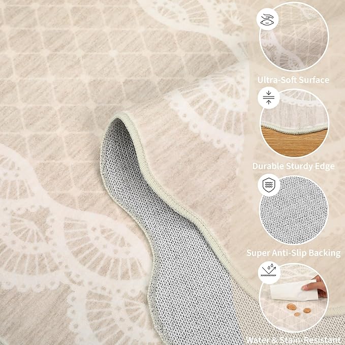 Garvee Washable Scalloped 8x10 Area Rug for Living Room Lace Beige Rug | Soft Non Slip Rugs for Bedroom, Low Pile Neutral Rug, Stain Resistant Foldable Carpet for Playroom Dorm, Farmhouse Rugs
