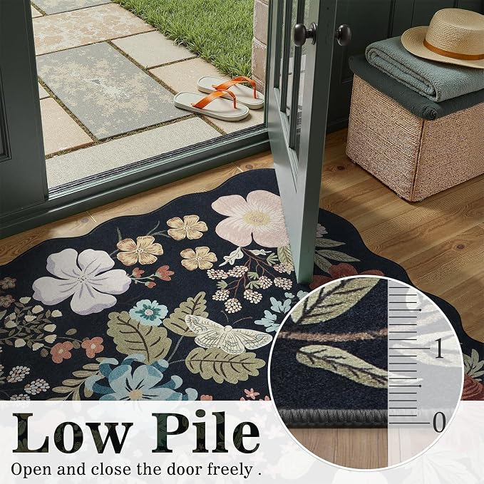 DCX Vintage Floral Washable Area Rug 2x3, Non Slip Low Pile Rug, Black | Rugs for entryway, bedroom, dining room, office, soft, kid & pet friendly, sain resistant indoor carpet, home decor