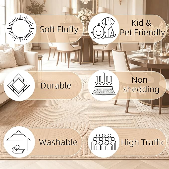 Brown Geometric 8x10 Solid Area Rug, Washable Living Room Rug | Ultra Soft Boho Pattern Minimalist Non-Slip Carpet, 8'x10' Rugs for Bedroom, Kids Room, Nursery, Apartment, Home Office