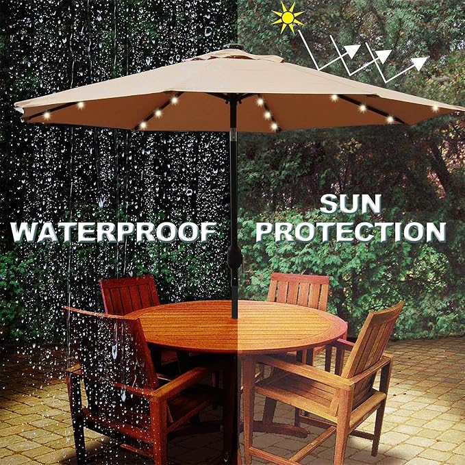 Blissun 9 ft Solar Umbrella, 32 LED Lighted Patio Umbrella, Table Market Umbrella, Outdoor Umbrella for Garden, Deck, Backyard, Pool and Beach (Tan)