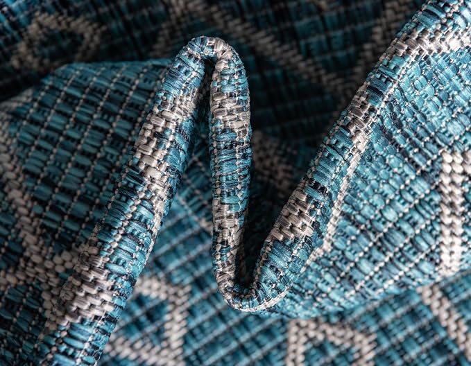 Unique Loom Outdoor Trellis Collection Area Rug - Tribal Trellis (10' x 14' 1" Rectangle, Teal/ Ivory)