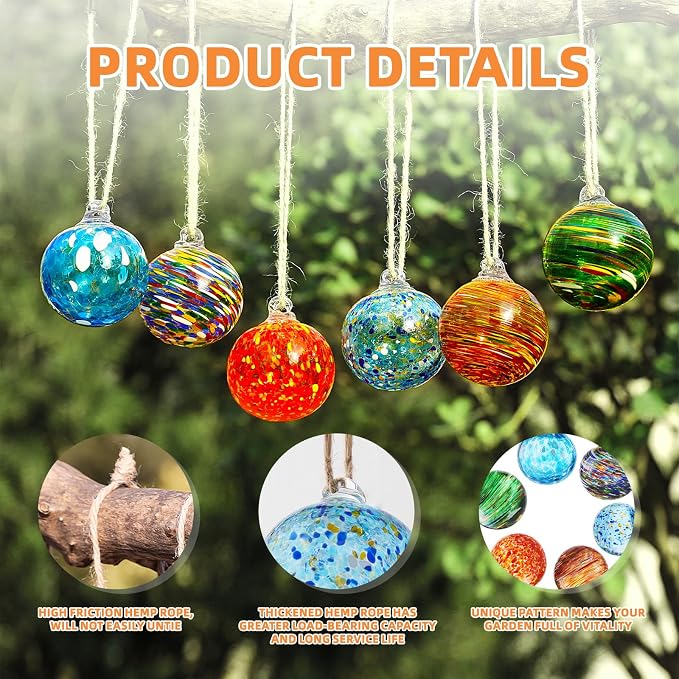 VOREEN 6-Pack Blown Glass Christmas Ornaments, 2.56" Handblown Hanging Glass Gazing Balls for Christmas Tree Decoration, Holiday Ornament Gift Set（Warm Amber & Holiday Tones）