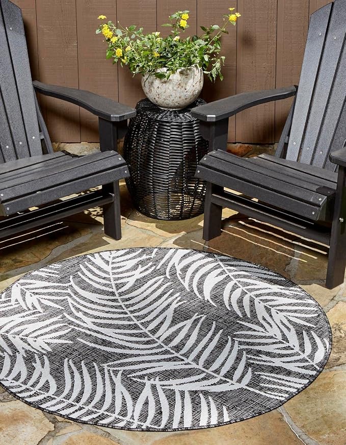 Unique Loom Outdoor Botanical Collection Area Rug - Palm (13' Round, Charcoal/ Ivory)