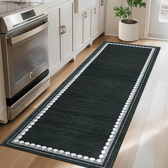COZYLOOM Kitchen Runner Rug 2x6 Washable Rugs for Bedroom Modern Bordered Non Slip Low Pile Area Rug Stain Resistant Non Shedding Neutral Carpet Foldable Thin Mats for Entryway, Hallway, Black