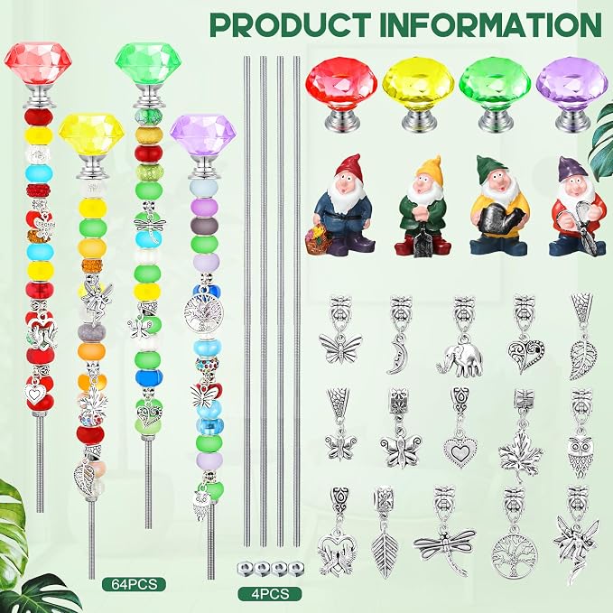 Lineshading 95 Pcs Gnome Garden Stakes Fairy Wand Garden DIY Beaded Stakes Decor 4 Crystal Stopper Top 4 Gnome 64 Large Hole Beads 15 Silver Pendants 4 Threaded Rods 4 Pcs Nuts, for Craft Supply