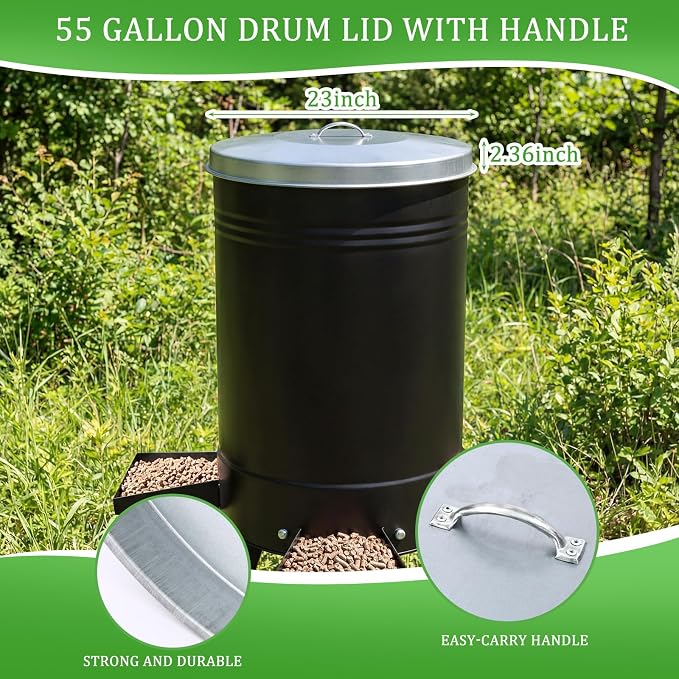2 Pack White 55 Gallon Drum Lid with Handle Feeder Part Steel 3 Deep Heavyweight 9 lb Heavy Duty Waterproof Dustproof for Deer Turkey Feeder Fit Most 55 Gallon Rain Barrel
