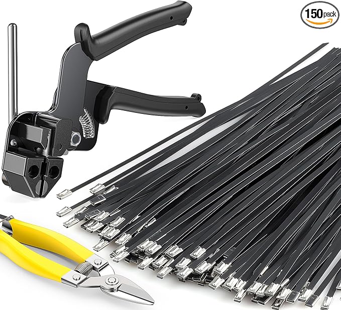 Metal Zip Ties Black,With Special Fastening And Cutting Tools,150 Pcs 11.8 Inch,Multi-Purpose Stainless Steel Cable Ties, Suitable For Agricultural Fencing, Garden Chain Link Fence Fixing, Pipe Tying.