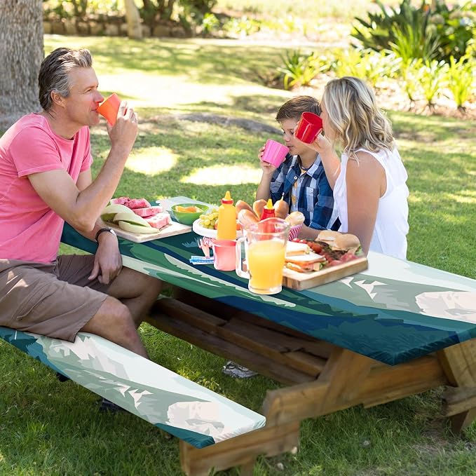 3 Piece Fitted Picnic Table Cover with Bench Covers, 72"x30" Full Elastic Edge Camping Tablecloth, Waterproof Wipeable RV Outdoor Patio Park Camping Essentials With Drawstring Bag (Mountain)
