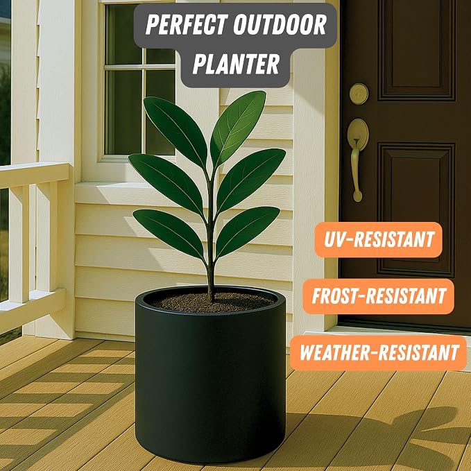 Fox & Fern Large Indoor Planter, Modern Large Plant Pot for Indoor or Outdoor, UV and Frost Resistant - 12 Inch, Fiberstone, Matte Black Flower Pot with Drainage Plug, Lightweight